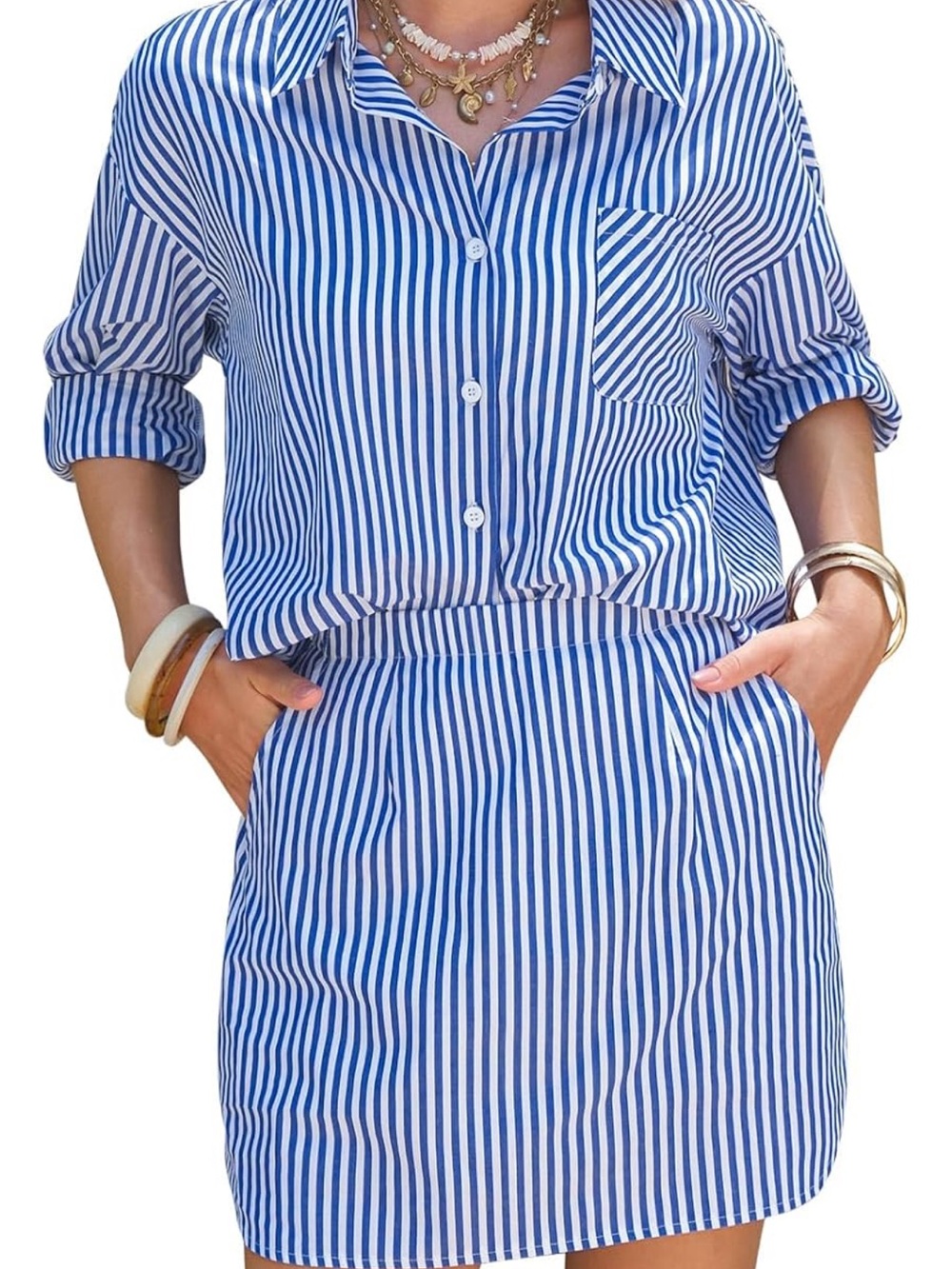 Striped Blue and White Mini Shirt Dress